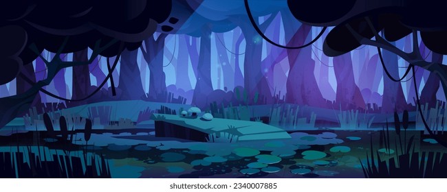 Spooky night forest landscape with swamp. Vector cartoon illustration of dark woodland, lake with water lily leaves and reeds, mushrooms on glade, old trees and bushes, fireflies glowing in moonlight