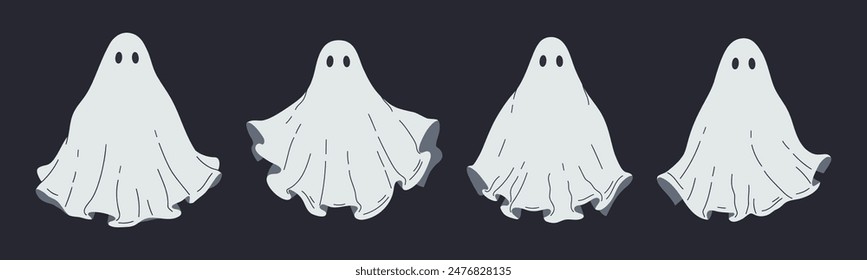 Spooky night ghosts. Halloween cute phantoms characters, funny ghosted spooky spirits flat vector illustrations set. Hand drawn cheerful ghosts
