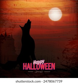 Spooky Night Halloween background with howling wolf and haunted house.