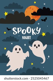 Spooky night halloween card. Illustration of spooks at night, stars and clouds, moon. Cartoon style, vector design