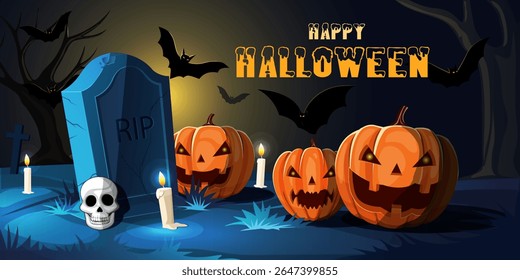 spooky night horror graveyard.halloween pumpkins,candles and human skull on haunted landscape.bats flying dark castle sky. halloween festival concept background,banner design vector illustration.