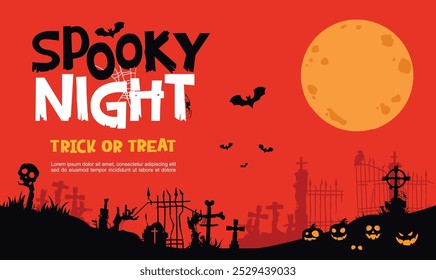 spooky Night illustration with red sky, grave and a full moon. Perfect for Halloween posters and banners.