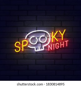 Spooky night neon sign, bright signboard, light banner. Halloween logo neon, emblem. Vector illustration