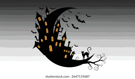 Cena noturna assustadora com assombrada morcegos lua e gato ilustração design conceito