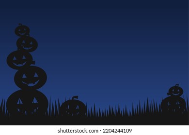 spooky night silhouette background template with halloween pumpkins piled on the grass