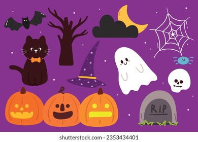 spooky night sticker. cartoon set of halloween items, halloween element sticker. colorful vector sticker illustration