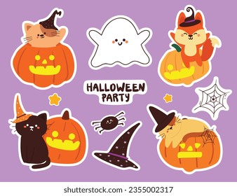 spooky night sticker. cartoon set of halloween items, halloween element sticker. colorful vector sticker illustration