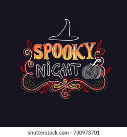 Spooky night. Vector halloween illustration with pumpkin, hat, and ornament.