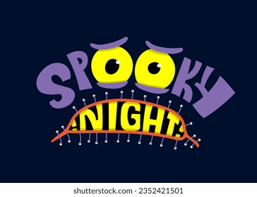 Spooky night. Vector illustration on Halloween. Scared face on dark blue background. Cartoon style. Invitations or greeting cards with handwritten text.