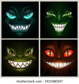 Spooky Nightmare Ghost Faces. Creepy Smiling Monster Face. Scary Smile On Dark Background.