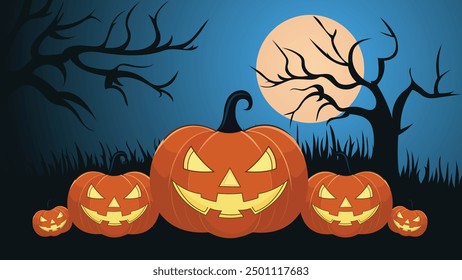 A spooky nighttime scene set against a backdrop of a large, pale moon. In the foreground, there are three carved pumpkins with triangular eyes and jagged mouths, positioned next to each other. 