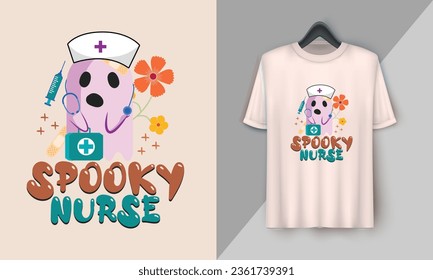 Spooky Nurse - Retro Halloween Cute T-shirt Design with groovy style, Boo, Ghost, pumpkin, witch, etc 