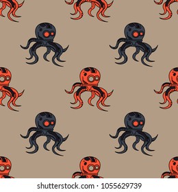 Spooky octupus robot seamless pattern. Original design for print or digital media.