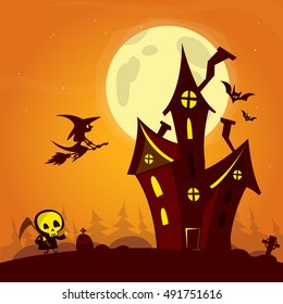 Spooky old ghost house with fool moon and flying witch. Halloween cardposter. Vector illustration