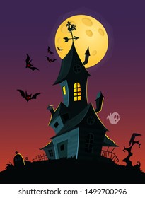 Spooky old ghost house. Halloween card\poster. Vector illustration