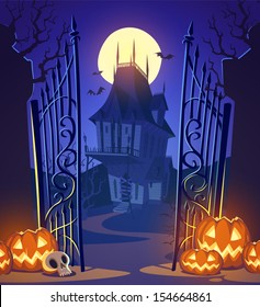 Spooky old ghost house. Halloween card\poster. Vector illustration.