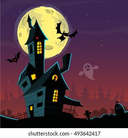 Spooky old ghost house. Halloween card or poster. Vector illustration