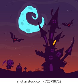 Spooky old ghost house. Halloween cartoon background. Vector illustration