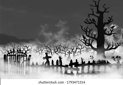 Spooky old graveyard inside fog clouds with broken fence, gates, woods, tombs and ravens sitting on the big tree. Vector hazy black and whte night landscape.