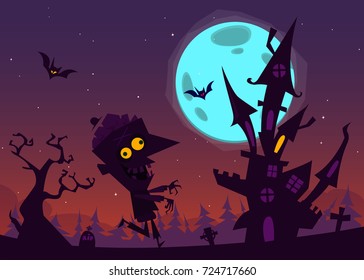 Spooky old haunted house with ghosts. Halloween cartoon background. Vector illustration