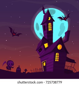 Spooky old haunted house with ghosts. Halloween cartoon background. Vector illustration