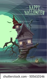Spooky old house of witch on the tree. Happy Halloween card poster. Vector illustration