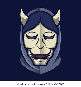 Spooky oni face mask with dark grey hood on dark background