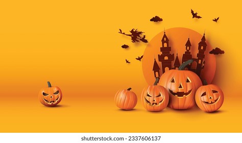  Spooky orange 3D illustration of pumpkins, bats, and haunted castle under full moon. Great for posters, ads, and Halloween cards.