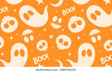 Patrón de Halloween naranja espeluznante con fantasmas y cráneos