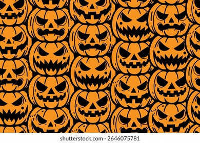 Spooky orange jack-o'-lanterns with various scary faces form a seamless Halloween pattern. Perfect for festive decorations and holiday designs.
