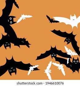 Spooky Orange Print Bats Vector Design Pic. White Light Attack Creepy Flying Bats Art Pattern. Black Grey Faces Motion Halloween Modern Design. Scary Funny Retro Chaos Modern Style Simple Art.