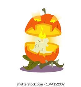 Spooky orange pumpkin with candle inside for Halloween