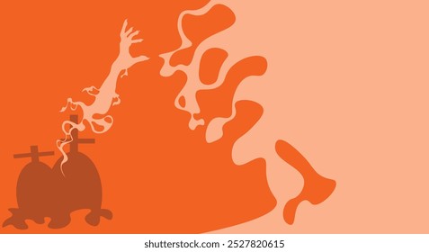 Spooky orange Silhouette hand zombies corpse and graveyard background stock illustration