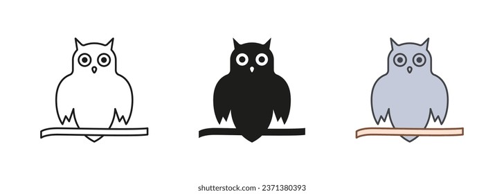 Spooky Owl Line and Silhouette Icon Set. Owl Symbol of Halloween and Wisdom Pictogram. Wise Night Bird Sitting on Tree Branch Black and Color Symbol Collection. Isolated Vector Illustration.