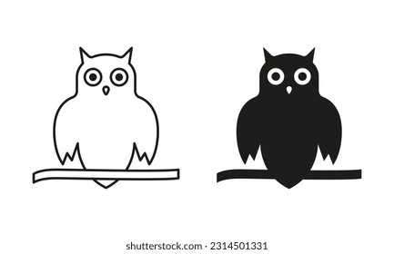Spooky Owl with Round Eyes Line and Silhouette Black Icon Set. Owl Symbol of Halloween and Wisdom Pictogram. Wise Night Bird Sitting on Tree Branch Symbol Collection. Isolated Vector Illustration.