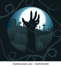 Spooky papercut design with a zombie arm silhouette. 