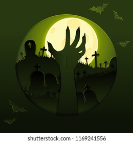 Spooky papercut design with a zombie arm silhouette. 