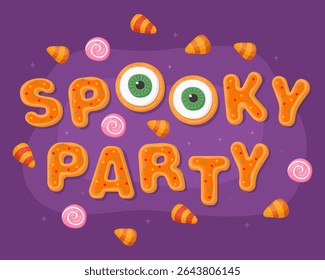 Spooky party. Halloween greeting card, orange halloween gingerbreads on a purple background. Halloween sweets, corn candies, eye shaped cookies.