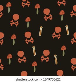 Spooky pattern with skulls, mushrooms and potions. Halloween pattern seamless