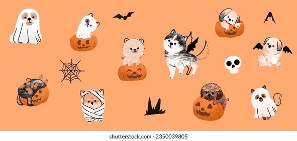 Spooky Paws' Set: Cute Halloween dogs in vector. Diverse breeds don Halloween charm. Perfect for creative projects!