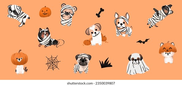 Spooky Paws' Set: Cute Halloween dogs in vector. Diverse breeds don Halloween charm. Perfect for creative projects!