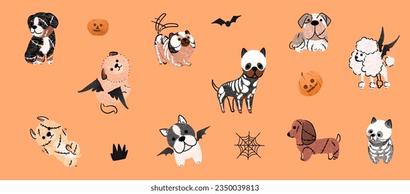 Spooky Paws' Set: Cute Halloween dogs in vector. Diverse breeds don Halloween charm. Perfect for creative projects!