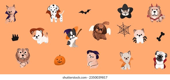 Spooky Paws' Set: Cute Halloween dogs in vector. Diverse breeds don Halloween charm. Perfect for creative projects!