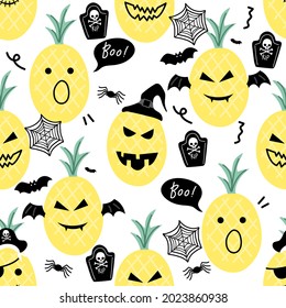 Spooky pineapple with Halloween elements hand drawn seamless pattern in doodle style on white background for fashion print, wallpaper, gift wrapping paper etc.