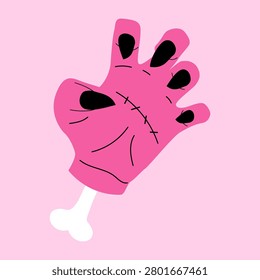Spooky pink zombie hand with bone and black nails for autumn party celebration on pink background