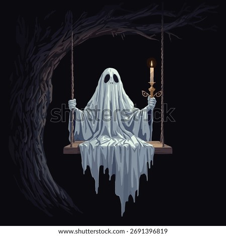 A spooky pixel art ghost sitting on a wooden swing hanging from a dark tree The eerie figure is holding a lit antique candlestick in this mysterious Halloween illustration
