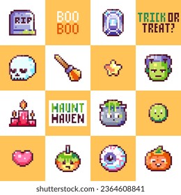 Spooky Pixel art Grid Background. Halloween Seamless Pattern with Monsters, Skulls, and Retro Game Elements. Ideal Background for Holiday Themes and Designs.