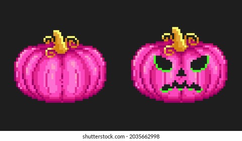 Spooky pixel art pink pumpkin jack lantern. 8 bit retro icon of exotic pink pumpkin for halloween decoration on a black background. Evil spooky illustration for halloween.