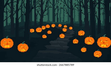 A spooky, pixelated scene with pumpkins floating through a dark forest.