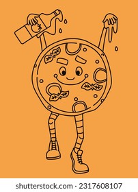 Spooky pizza with ketchup. Halloween character in outline style.
